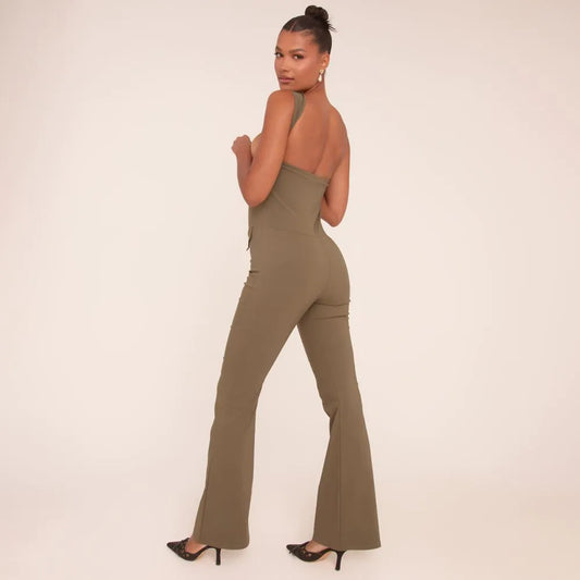 Square Neck Tailored Flared Jumpsuit In Khaki Green Woven