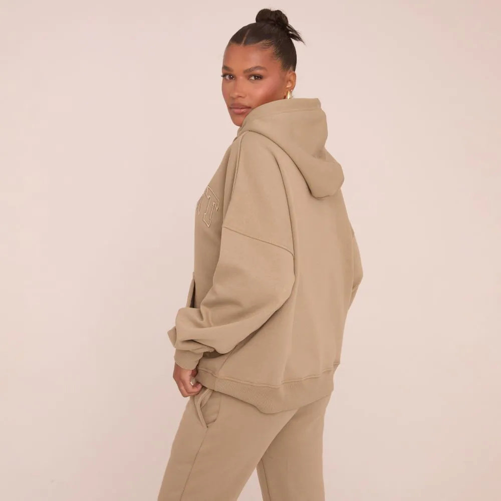 Oversized Ego Embossed Hoodie In Taupe Brown