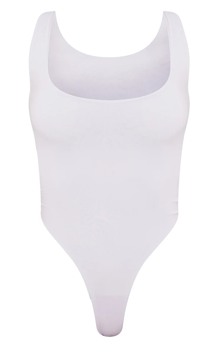 Basic White Slinky Scoop Neck Bodysuit