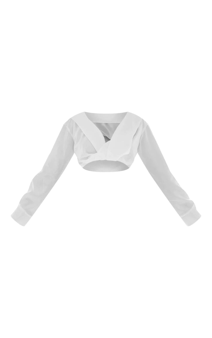 White Satin Bardot Twist Front Crop Blouse