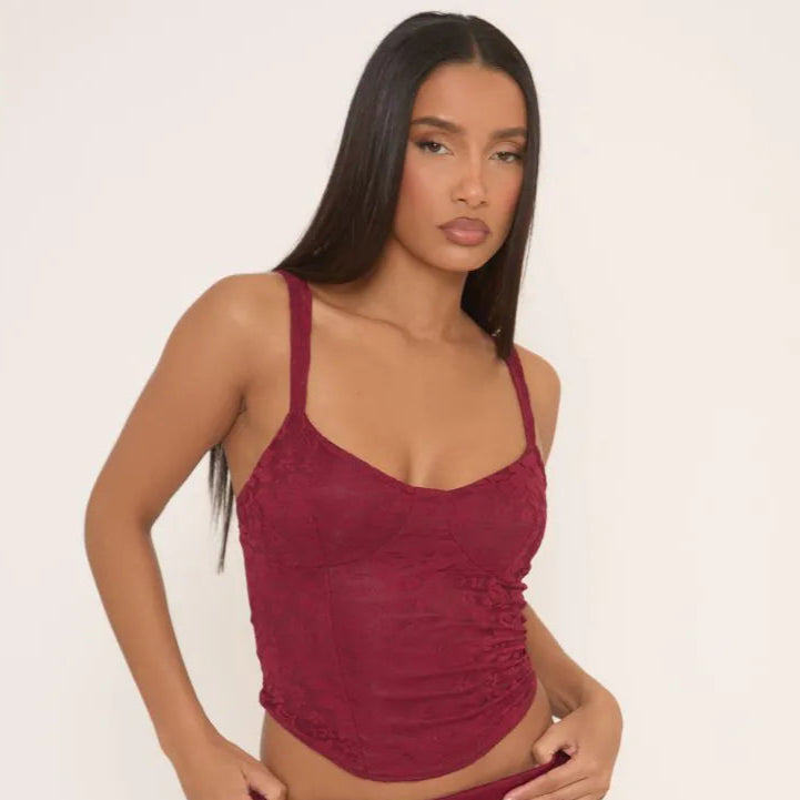 Scoop Neck Corset Top In Burgundy Lace