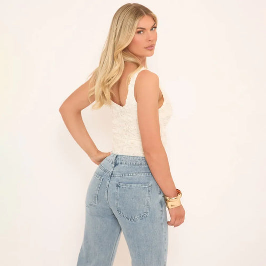 Ego - Sleeveless Scoop Neck Bodysuit In Cream Floral Applique