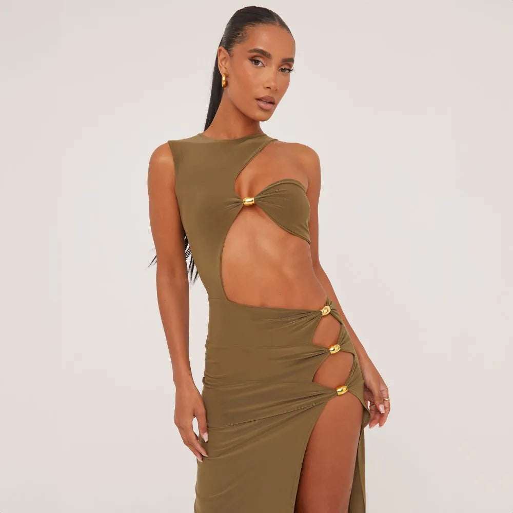 Extreme Cut Out Beaded Detail Split Leg Maxi Dress In Olive Green