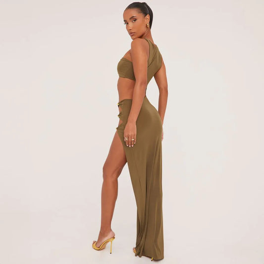 Ego - Extreme Cut Out Beaded Detail Split Leg Maxi Dress In Olive Green