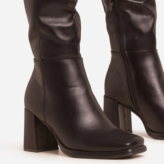 Washington Square Toe Block Heel Knee High Long Boot In Black Faux Leather