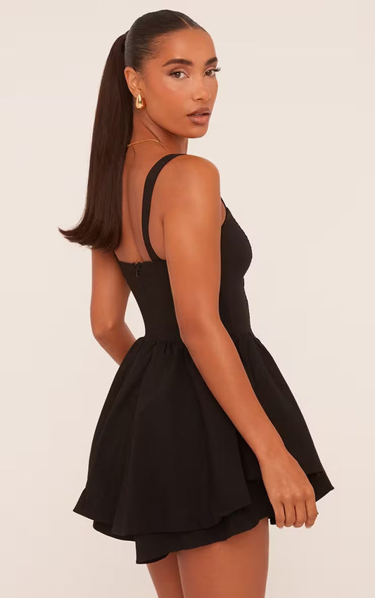 Ego - Square Neck Tiered Puffball Mini Dress In Black
