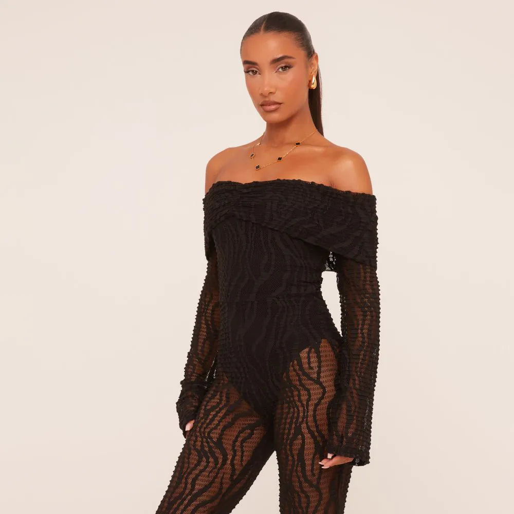 Fold Over Bardot Jumpsuit In Black Zebra Textured Lace