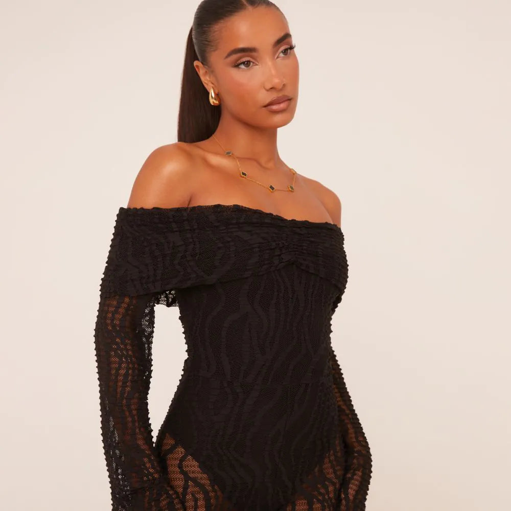 Fold Over Bardot Jumpsuit In Black Zebra Textured Lace