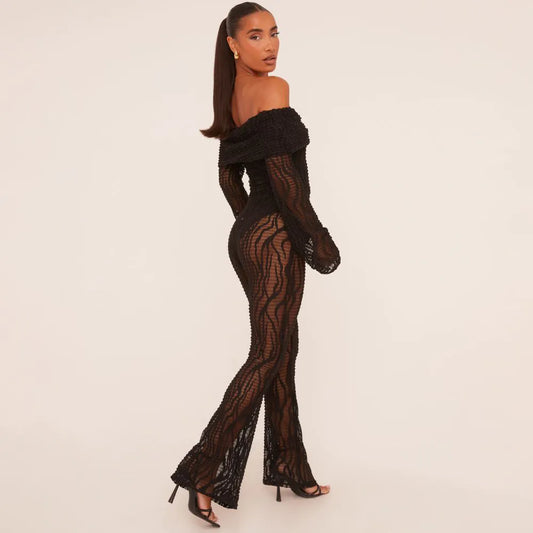 Fold Over Bardot Jumpsuit In Black Zebra Textured Lace