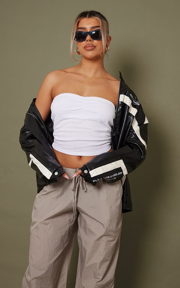 White Brushed Cotton Ruched Tube Top