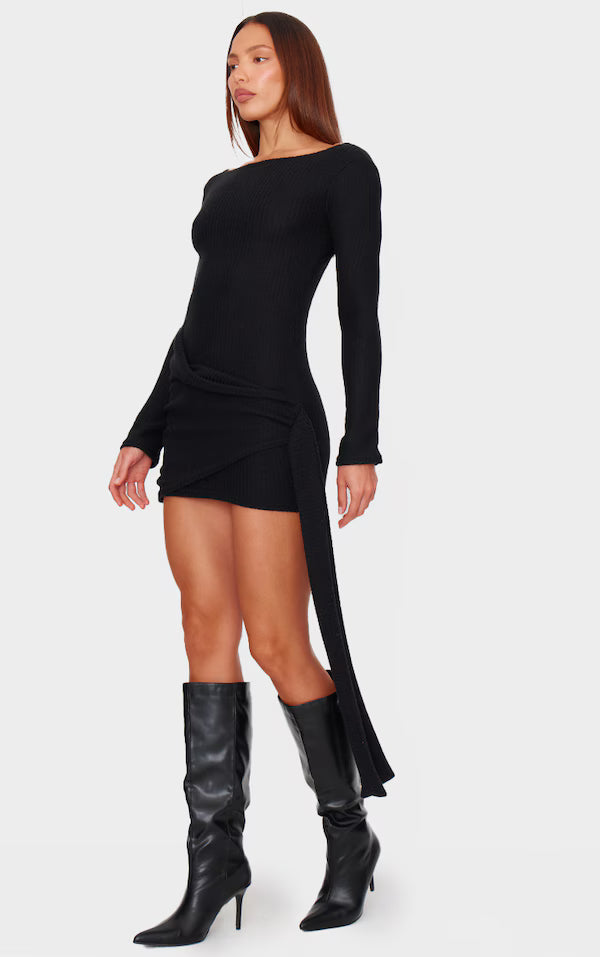 Black Brushed Rib Tie Waist Detail Bodycon Dress