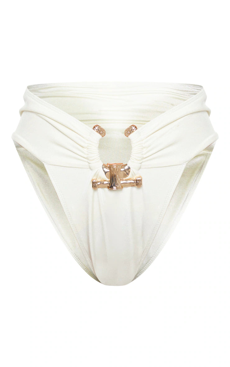 Cream Hammered Trim High Waist Bikini Bottoms
