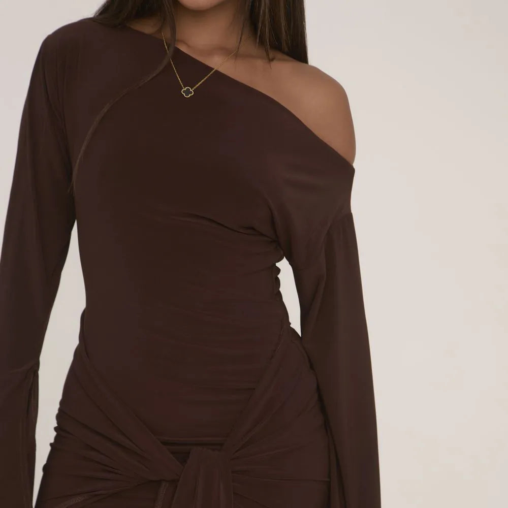 Long Flared Sleeve Drape Detail Mini Bodycon Dress In Chocolate Brown Slinky