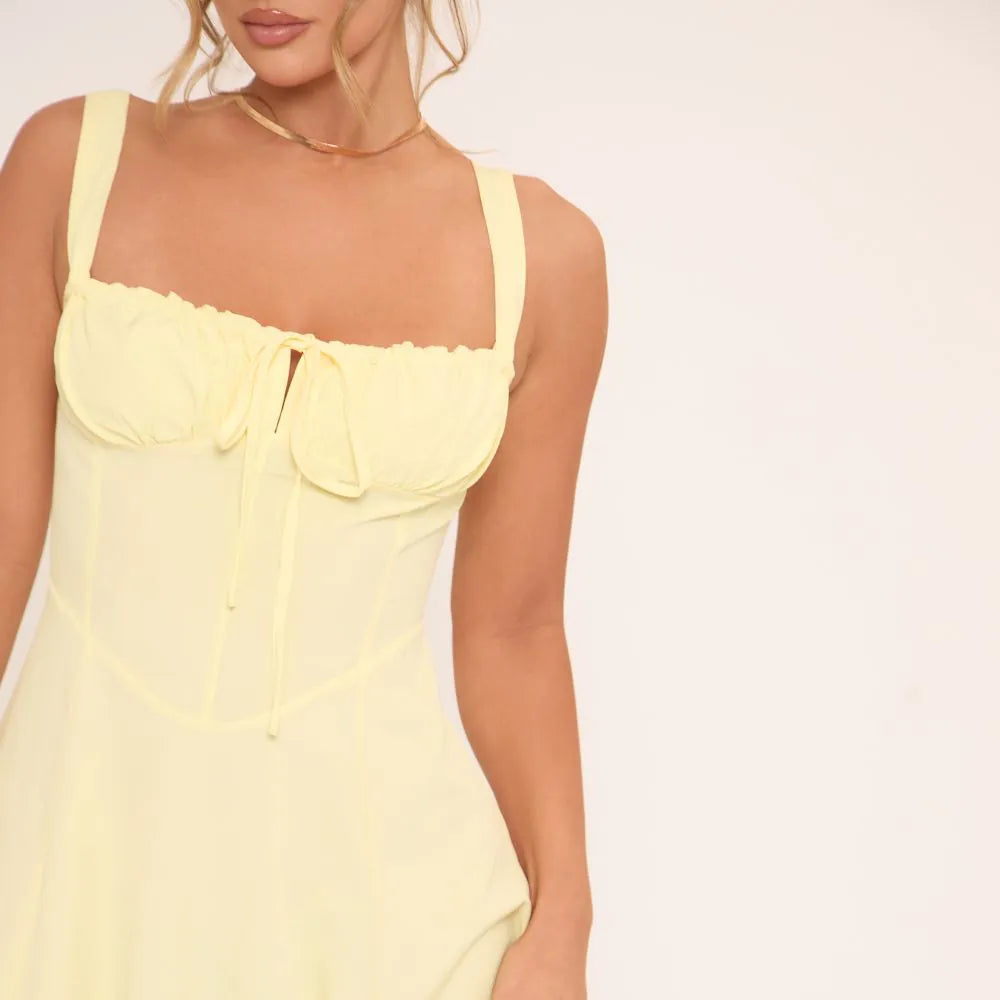 Sleeveless Tie Front Ruched Bust Corset Detail Mini Dress In Yellow