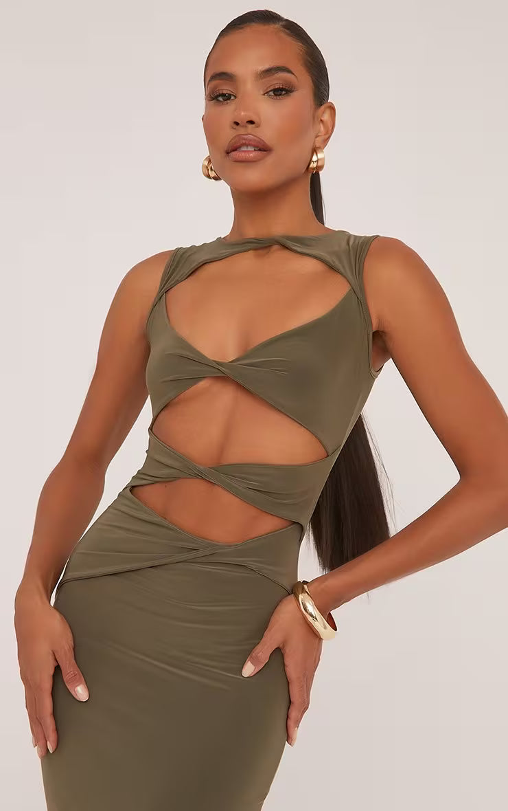 Sleeveless Cut Out Twist Front Detail Maxi Dress In Olive Green