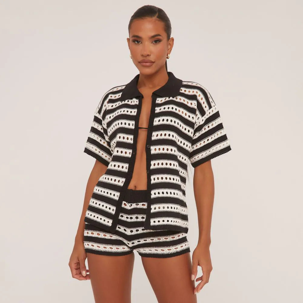 Low Rise Micro Shorts In Black And White Stripe Crochet Knit