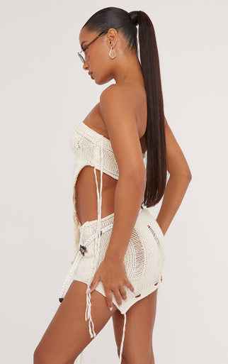 Ego - Bandeau Distressed Ladder Detail Pointed Hem Corset Top And Split Leg Mini Skirt Co-Ord Set