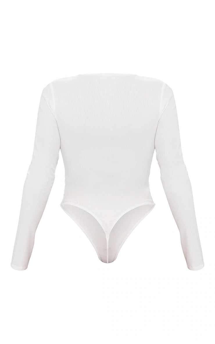 Shape White Button Detail Long Sleeve Ribbed Bodysuit