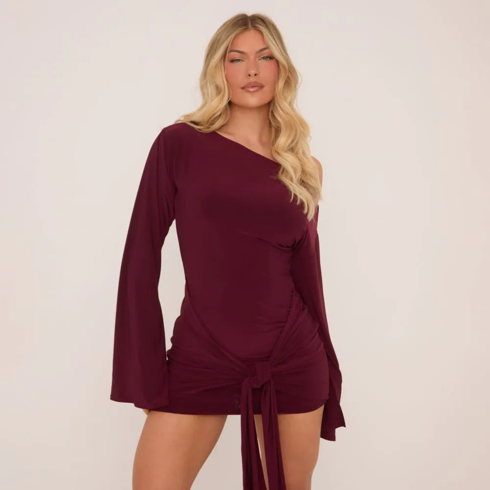 Long Flared Sleeve Drape Detail Mini Bodycon Dress In Burgundy Slinky