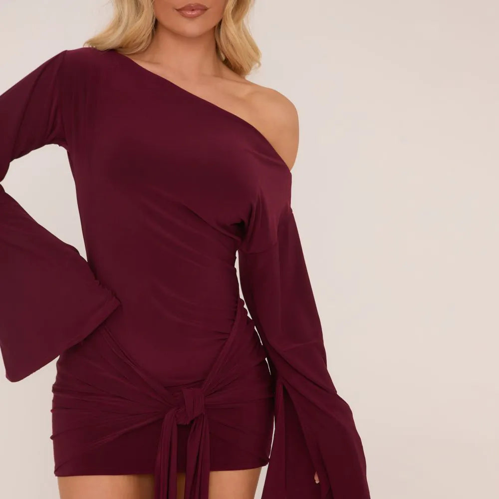 Long Flared Sleeve Drape Detail Mini Bodycon Dress In Burgundy Slinky