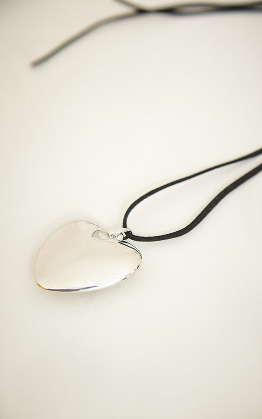 Silver Puff Heart Tie String Choker Necklace