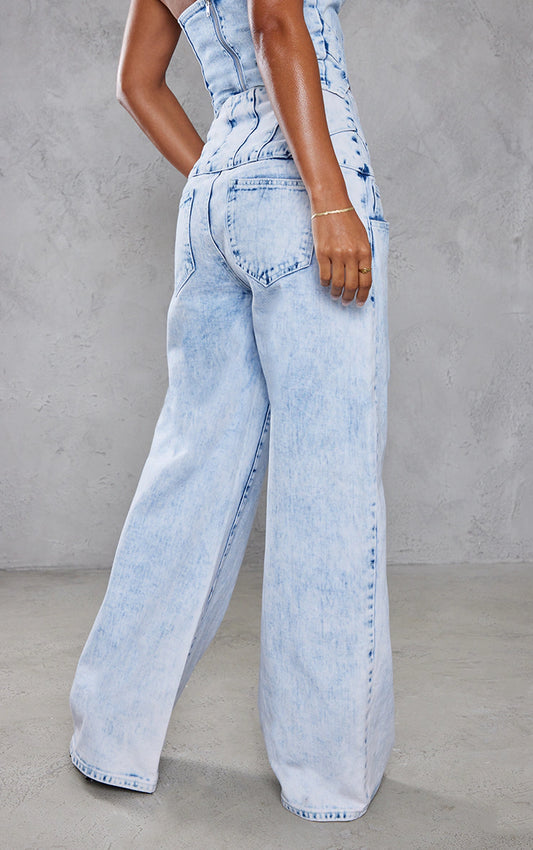 Light Blue Acid Wash Seam Detail Corset Waist Jeans