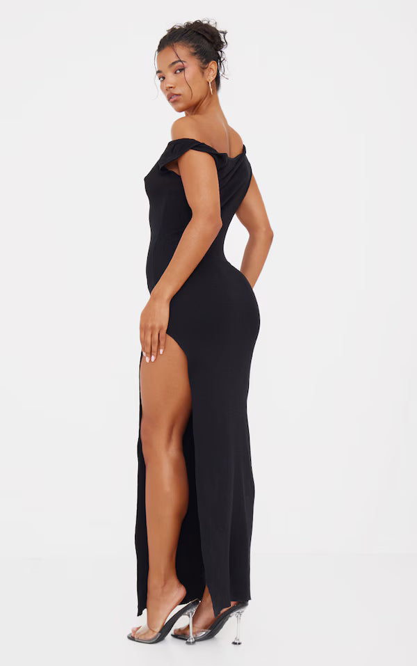 Black Fine Knit Twist Neck Maxi Dress