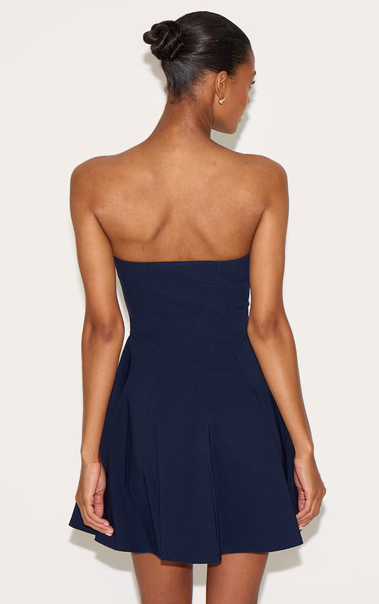 Navy Stretch Woven Bandeau Pleated Shift Dress