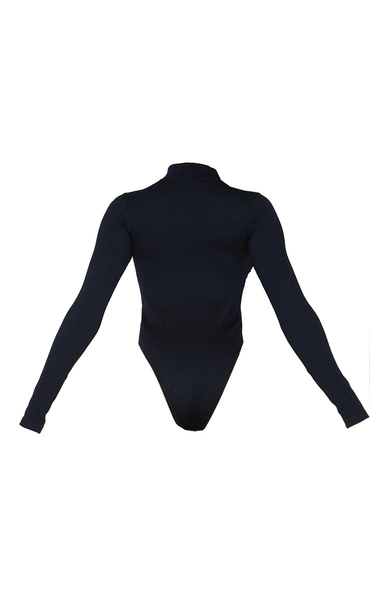 Black Contour Rib Zip Up Long Sleeve Bodysuit