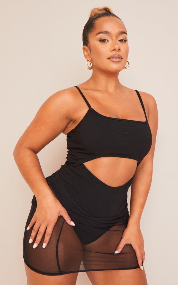 Shape Black Stretch Woven Mesh Mini Dress