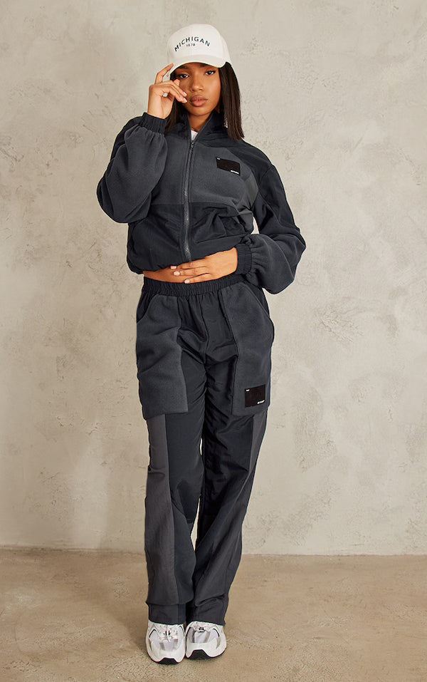 Navy Fleece Contrast Panel Zip Through Sweatshirt