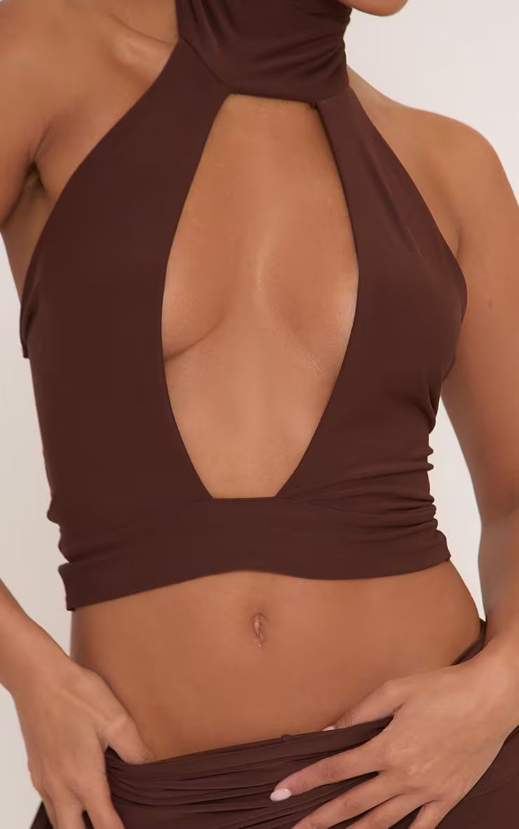 Ego - High Neck Cut Out Front Top In Brown