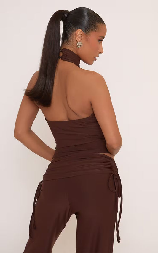 Ego - High Neck Cut Out Front Top In Brown