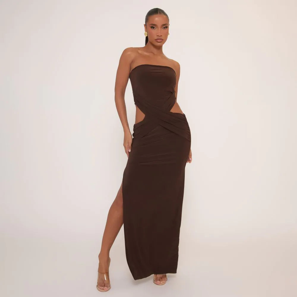 Bandeau Cut Out Waist Maxi Dress In Brown