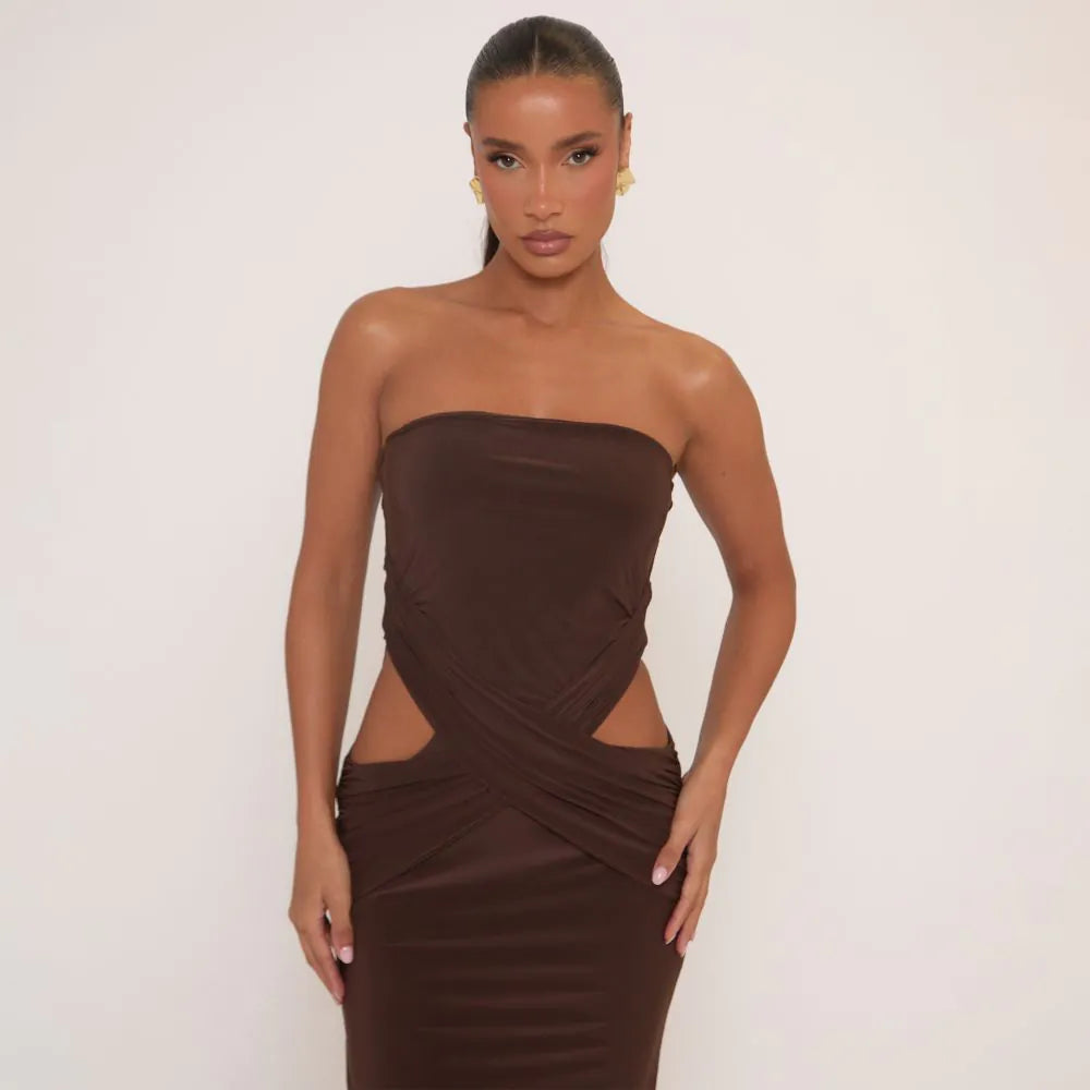 Bandeau Cut Out Waist Maxi Dress In Brown
