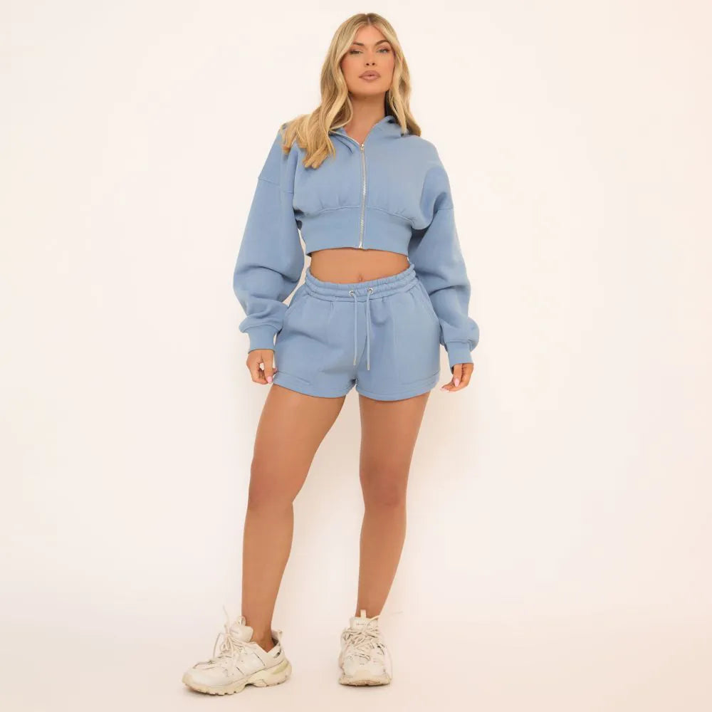 Tie Waist Pocket Detail Sweat Shorts In Blue