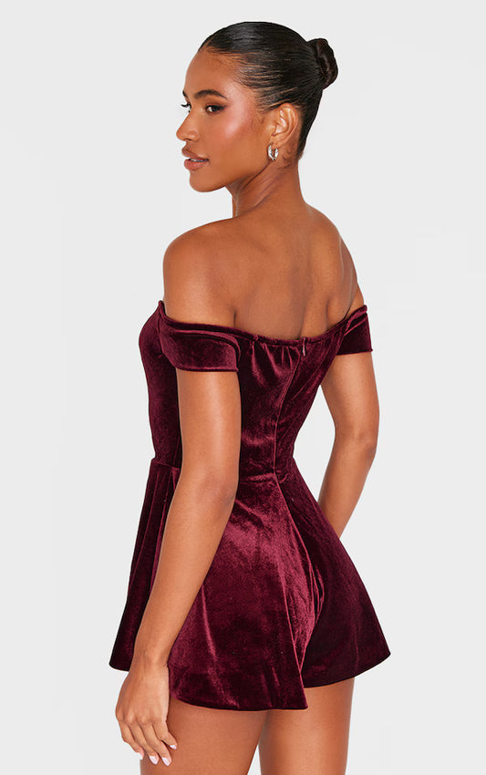 Burgundy Velvet Bardot Sweetheart Neckline Floaty Playsuit