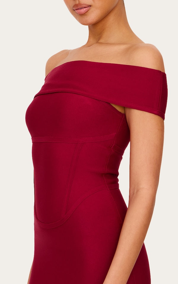 Burgundy Bandage Corset Detail Off The Shoulder Mini Dress