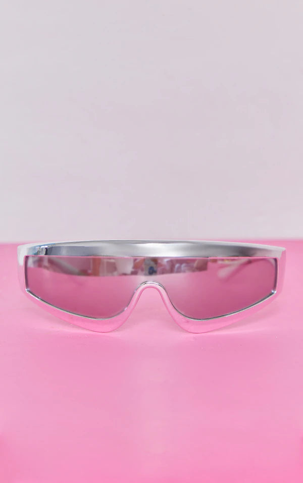 Silver Curved Metallic Frame Visor Sunglasses