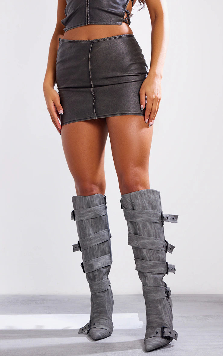Premium Black Washed Faux Leather Seam Detail Low Rise Micro Mini Skirt