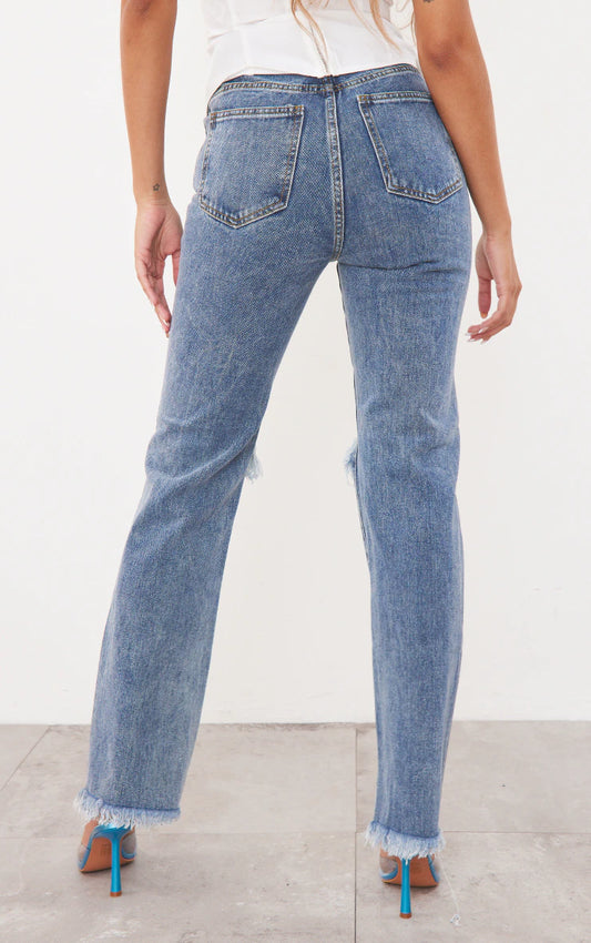 Vintage Wash High Rise Ripped Straight Leg Jeans