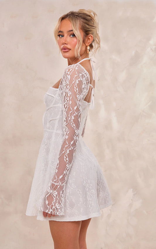 White Floral Mesh Long Sleeve Square Neck Romper