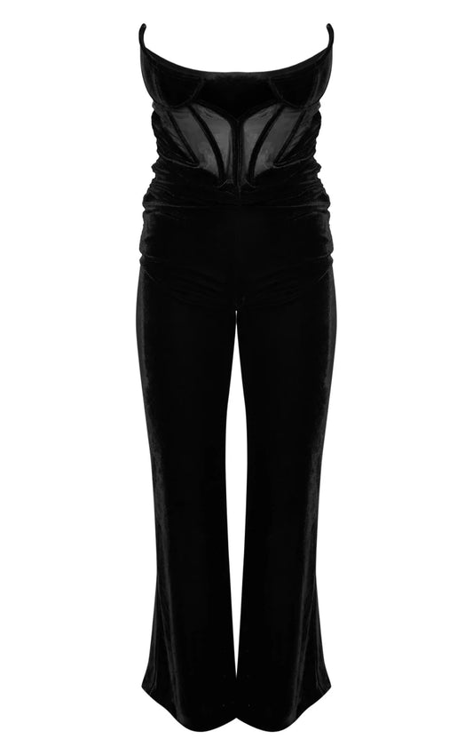 Black Velvet Corset Bandeau Ruched Jumpsuit