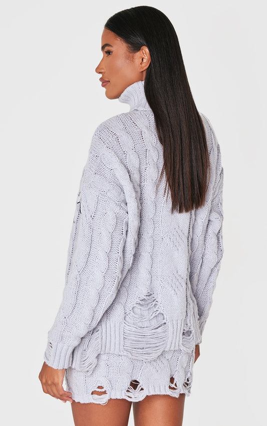 Plt - Grey Cable Knit Distressed Hem Embroidered Roll Neck Jumper