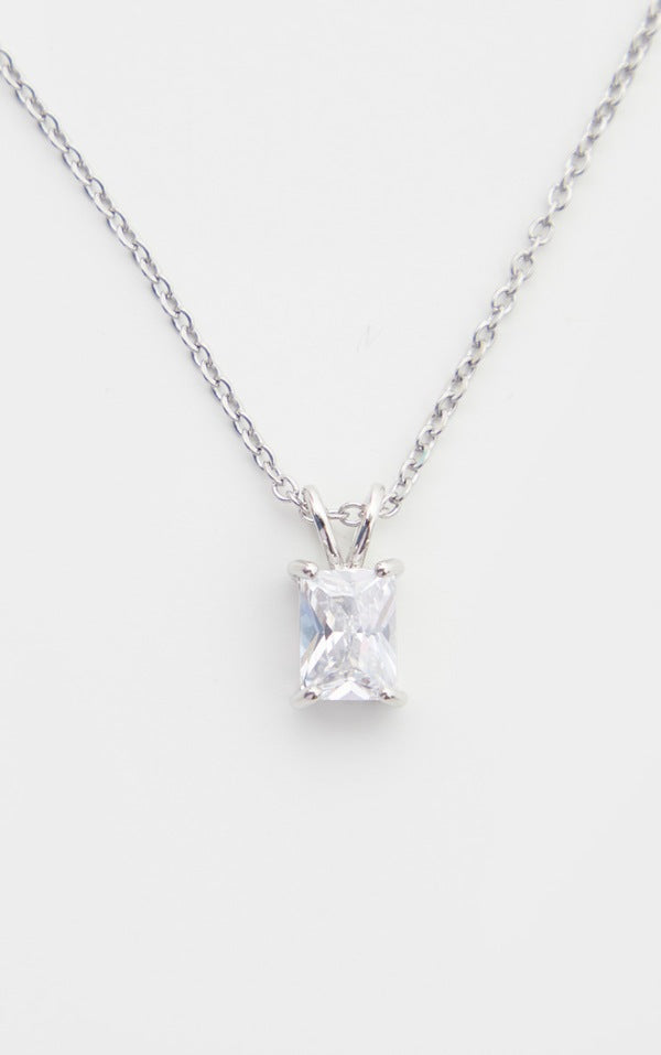 Silver Simple Rectangle Diamante Drop Necklace