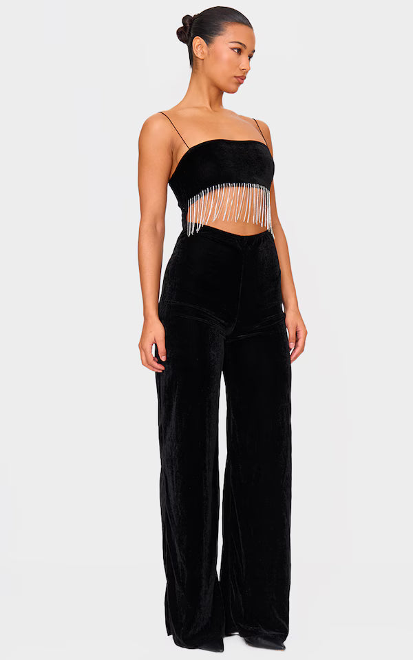 Black Velvet Diamante Tassel Cut Out Strappy Jumpsuit