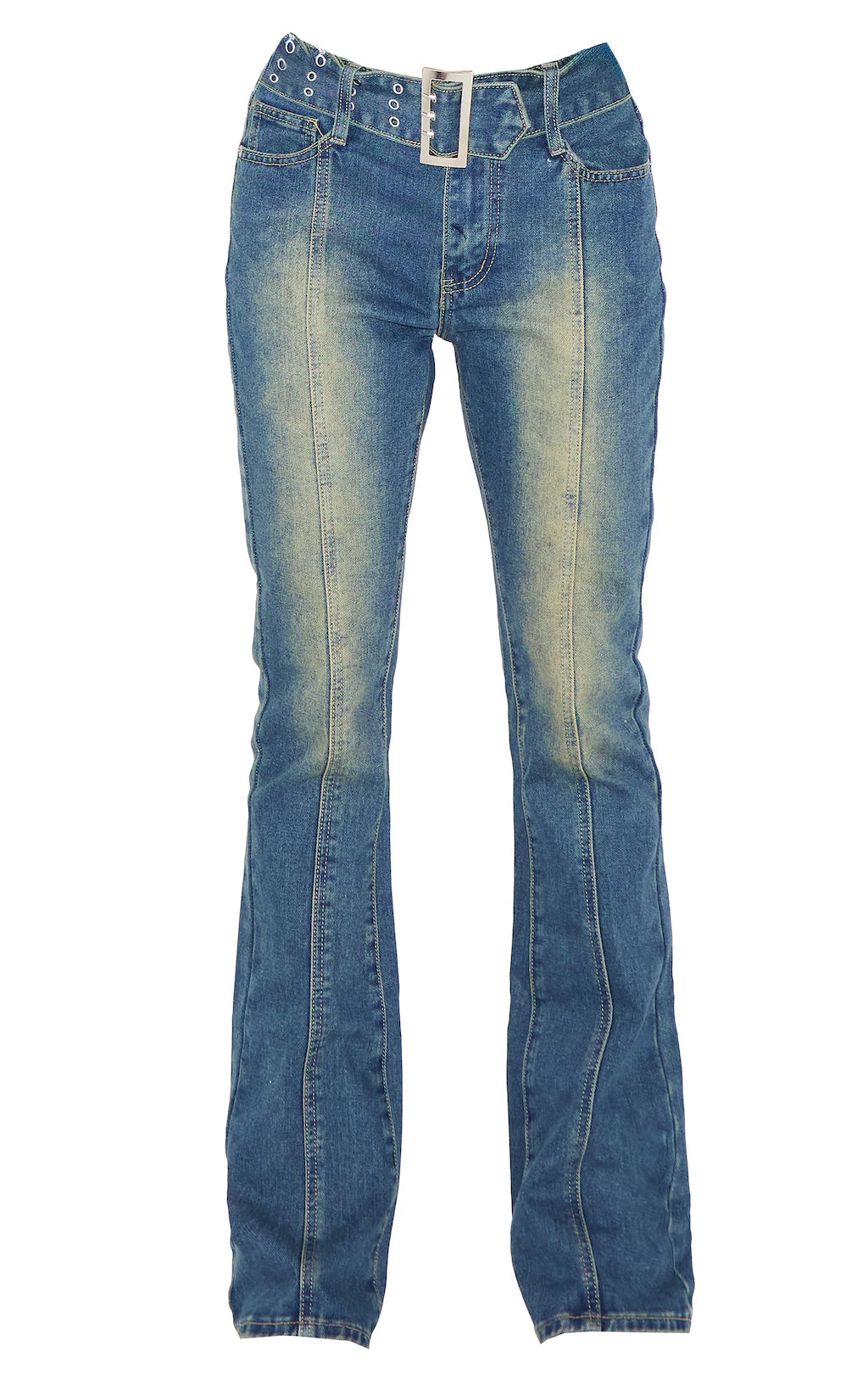 Indigo Vintage Wash Belted Seam Front Flare Jeans