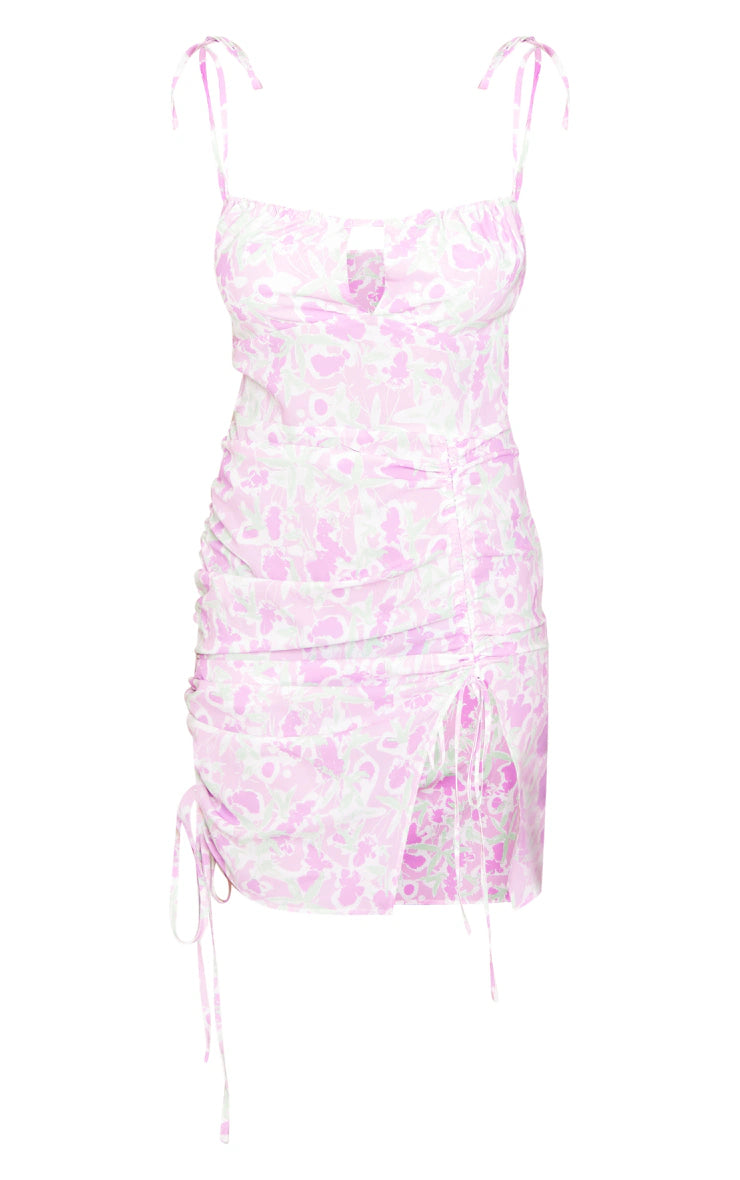 Lilac Abstract Print Ruched Front Split Bodycon Dress
