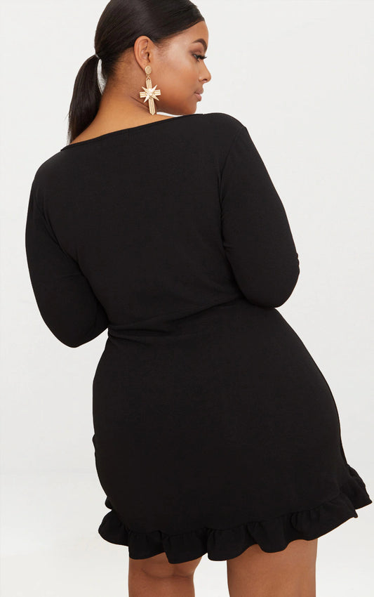 PLUS BLACK LONG SLEEVE RUFFLE WRAP DRESS