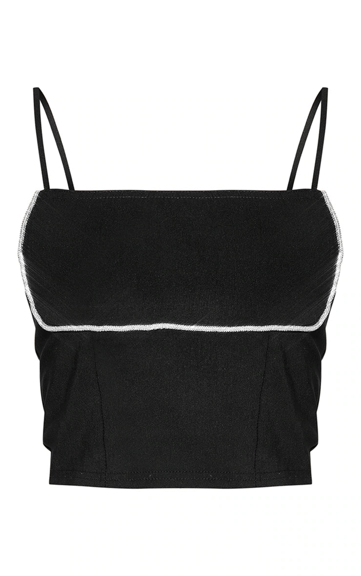 Black Diamante Bust Trim Detail Stretch Woven Top